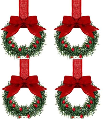 Fnaobai Weihnachtskränze für Küchenschrank, mit Band, 13 cm, 4 Stück, Mini-Weihnachtskranz mit künstlichen grünen Blättern, Kugelkranz für Weihnachten, Fenster, Wand, Haustür, Dekoration (rot)
