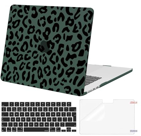MOSISO Kompatibel mit MacBook Air 15 Zoll Hülle M5 M4 M3 M2 2026 2025-2023 | Kunststoff Leopardenkorn Hartschale Hülle&Tastaturabdeckung&Displayschutz A3448 A3241 A3114 A2941, Grün