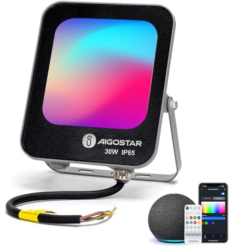 Aigostar LED Exterior RGBW 30W 2700LM Bluetooth Mesh, 6500K Luz Blanca, Proyector Interior & Exterior IP65 de Colores para Fiesta, Terraza, Jardin