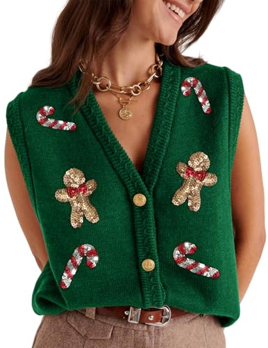 Felcia Weihnachtspullover mit Pailletten, Lebkuchenmann, ärmellos, V-Ausschnitt, Knopfleiste, gestrickt, Tank-Top, Weihnachten, vielseitige Weste, Streetwear