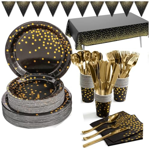 Riverhighfur Noir et Or Vaisselle de Fête 142 Pcs Vaisselle Papier Set-Assiettes en Papier,Serviettes,Tasses,Nappe,Bannière Enfants Party Fête Mariages Baby Shower Noël,20 invités