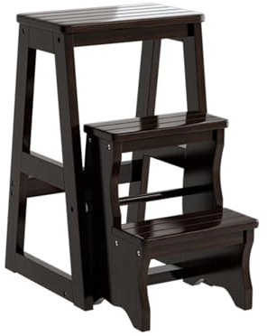 Escabeau pliable en bois pour adultes - Léger - 3 marches avec surface antidérapante - Portable - Capacité de 160 kg - Finition noyer foncé (36 x 56 x 64 cm)
