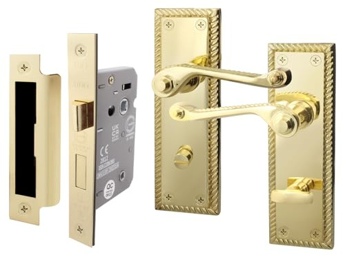 EAI Polished Brass Door Handles with Bathroom Lock 64mm - Rope Scroll | Complete Bathroom Kit with 1 Pair of Georgian Scroll Roped Edge Lever Door Handles, 64mm Bathroom Lock, Fixings Included