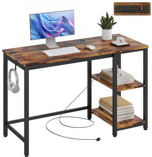 ADOV Escritorio computadora estantes almacenamiento 100x50 cm rústico 2 estantes toma corriente industrial clásico mesa trabajo resistente