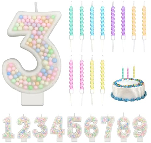 Macaron Number Candles 3, Pearl Sequins Birthday Candle, Age Candle | Candy Colour Candle for Girls, Pastel Number Cake Decoration with 12 Spiral Candles for Birthday Party & Anniversary