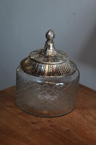 EXNER Vintage Glas-Bonboniere mit Silberfarbigem Metalldeckel, Diamantmuster, 12,5 cm