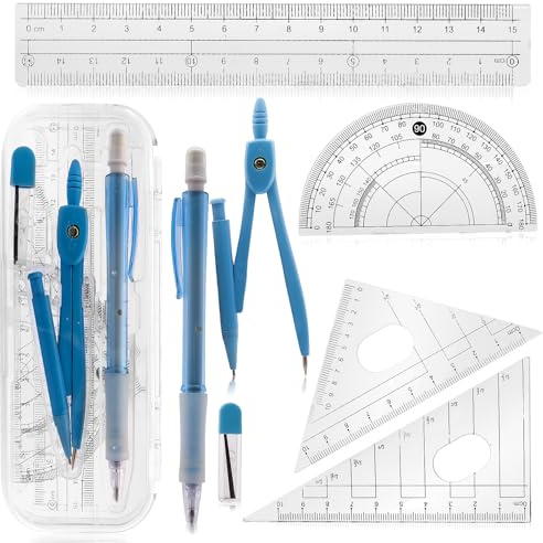 7-teiliges Blau Geometrie-Set mit Zirkel, Druckbleistift, Lineal, 2 Geodreiecken, Winkelmesser & Ersatzminen – Inkl. Etui für Schule, Studenten und als Geschenk – Praktisches Mathematik-Zubehör
