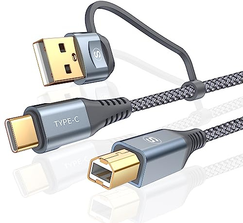 Câble d'imprimante 2en1 USB-A/C vers USB-B 3m, câble MIDI USB C tressé cordon d'imprimante haute vitesse pour imprimante HP Canon Dell Epson Brother, MacBook Pro/Air, Piano numérique MIDI Controller