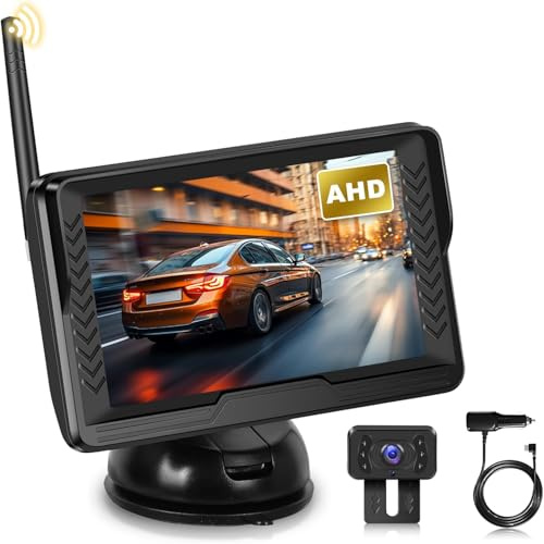 Hodozzy Digital Wireless Rückfahrkamera Set mit 5 Zoll IPS Bildschirm Monitor, AHD Reverse Camera Nachtsicht IP69 Wasserdicht Funk Rückfahrkamera Kabellos Einparkhilfe 12V Kamera für Auto LKW
