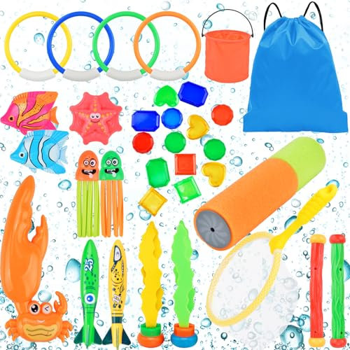 Cheloveer 28 Stück Tauchspielzeug für Kinder, mit Tauchringe für kinder, Algenspielzeug, Fischernetz, Fischeimer, Wasserpistole, Tauchjuwel, Tauchstäbe,Tauchtiere, Tauchspielzeug,Pool Spielzeug Kinder