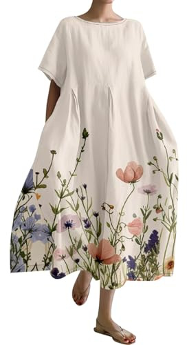 Generico Vestido de lino para mujer, holgado, elegante, informal, de lino, boho, largo, cómodo, tallas grandes, primavera, vacaciones, vestido bohemio, elástico, vintage, color liso, vestido de playa