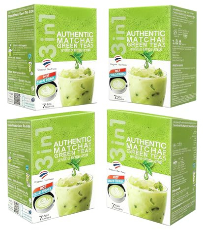 Tailand Tea 3 in 1 Latte Matcha Green Tea Powder | Instant Creamy Matcha Latte Mix | Natural Energy Boost | Vegan & Gluten-Free | Japanese Style Green Tea (Pack of 4)