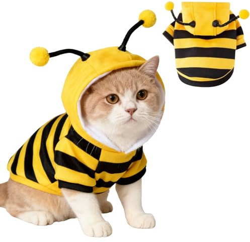 Costume Halloween Gatto,Costume Ape Gatto,Vestito Cappuccio Halloween per Cane e Gatti,Vestiti Ape per Animali Domestici,Felpa Ape Caldo per Cani di Taglia Piccola e Media S
