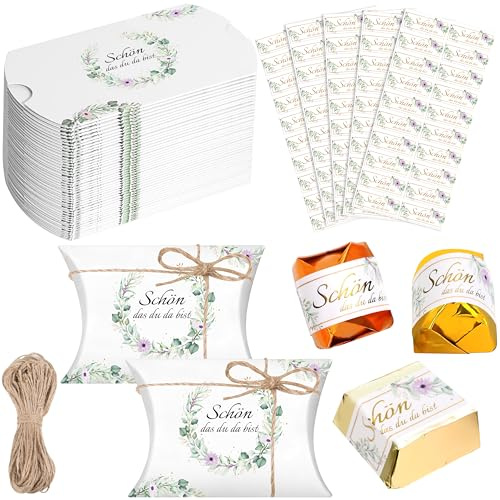 Dass 50 Stück Geschenkboxen Set mit Juteschnur & 100 Aufklebern – Schön, dass du da bist Gastgeschenke für Hochzeit, Geburtstag, Taufe Deko, Kommunion & Konfirmation – Ideal für Communion