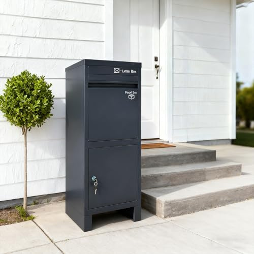 VEEHAUS Boîte aux lettres pour colis d'extérieur, inoxydable et résistante aux intempéries, volume de 43 l, fond absorbant les chocs, compartiment à colis sécurisé, taille maximale du colis 30 × 30 ×