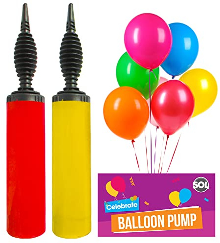 SOL 2pk Manual Balloon Pump Hand Pump for Balloons with Multi-fit Nozzle, Sturdy Handle, Easy Blow Up In Seconds. For Beach, Yoga Exercise Balls, Pool Floats, Rocket Ballons. 2 Random Vibrant Colours