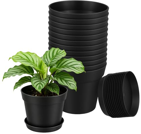 CHUEN 12 stycken blomkrukor 15 cm med underlägg, svart plast odlingskrukor planteringskrukor för inomhus- och utomhusbruk, trädgård och balkong