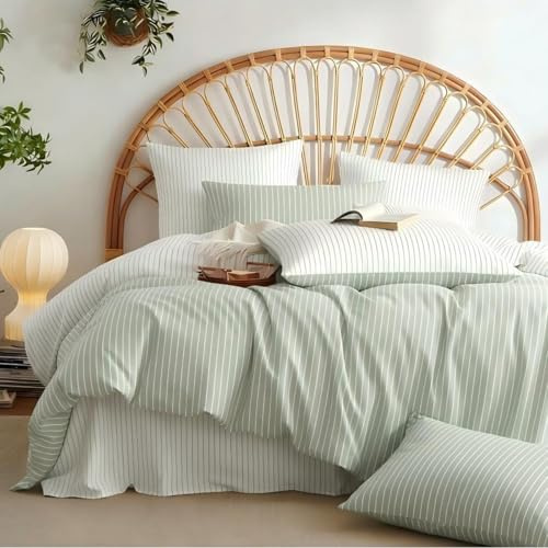 Freyamy Bettwäsche 135x200 Baumwolle Grün Weiß Gestreifte Bettwäsche Set | Bettwäsche für Allergiker, Aesthetic Bettwäsche Gestreift, ÖKO-TEX Bettbezug mit Reißverschluss und 1 Kissenbezug 80x80cm