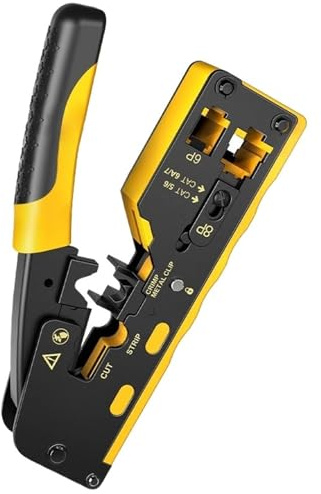 Pinza crimpatrice RJ45 passante, crimpatrice for cavi Ethernet di livello professionale for spine modulari Cat7 Cat6A Cat6 Cat5E Cat5(Yellow)