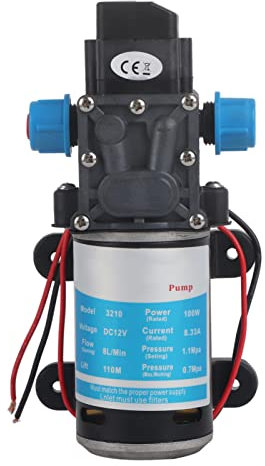Diaphragm Pump 12V, Qiilu DC 100W 8L/Min 160Psi High Pressure Diaphragm Self Priming Water Pump for Wash