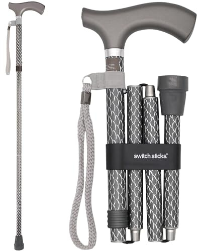 Switch Sticks Walking Cane for Men or Women, Foldable and Adjustable from 32-37 Inches, FSA and HSA Eligible, Engraved Graphite (Pack of 1)