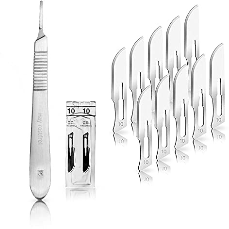May Skalpell-Set: Edelstahl-Griff Nr. 3 und 10 Karbonstahl-Klingen | Präzisionsmesser für Basteln, Modellbau und Fußpflege. 13 cm Griff aus legiertem Stahl mit 10 sterilen Klingen Figur 10.