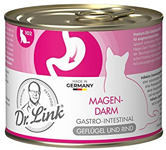 Dr. Link Spezial-Diät Katzenfutter für Katzen & Kater Proteinquelle Geflügel & Rind – Magen, Darm, Verdauung - leicht verdaulich, unterstützt Darmflora & Bauchspeicheldrüse – 6x200g Dose