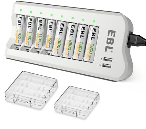 EBL Battery Charger and Rechargeable Batteries AA AAA - 8Bay Smart Charger with 2800mAh AA Rechargeable Batteries(4pcs) & AAA Battery Ni-MH Battery(4pcs) Combo