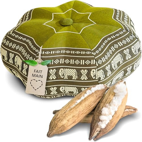 livasia Meditationskissen Stern - Ø 30x15cm - Yogakissen mit Kapok, Pouf, Bodenkissen sternförmig Yoga Zen Meditation, Zafukissen für Garten und Balkon, Sitzkissen handgefertigt (Grün/Elefanten)