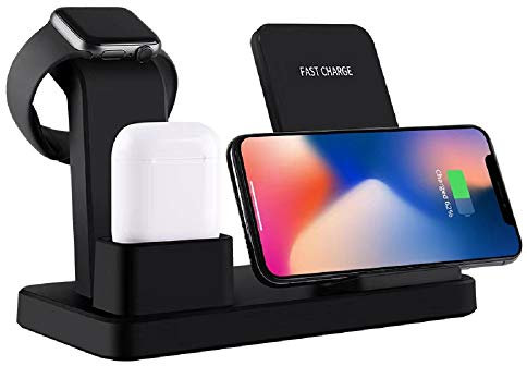 REY Estación Carga Rápida Qi Inalámbrica Soporte Carga, Cargador Inalámbrico para Apple Watch Series 5/4/3/2/1, iPhone XS MAX XR X 8, AirPods, Samsung S10 S9 Note 9, Huawei Mate 20 Pro P30
