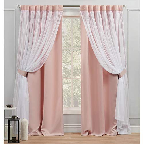 Exclusive Home Curtains Catarina Layered Solid Blackout and Sheer Hidden Tab Top Curtain Panels, 52x84, Rose Blush