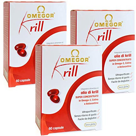 Omega 3 Krill OMEGOR - Olio di Krill Puro con Astaxantina, Colina, Omega-3 EPA e DHA ad Alta Biodisponibilità - Senza Retrogusto - 60 cps (Confezione da 3)