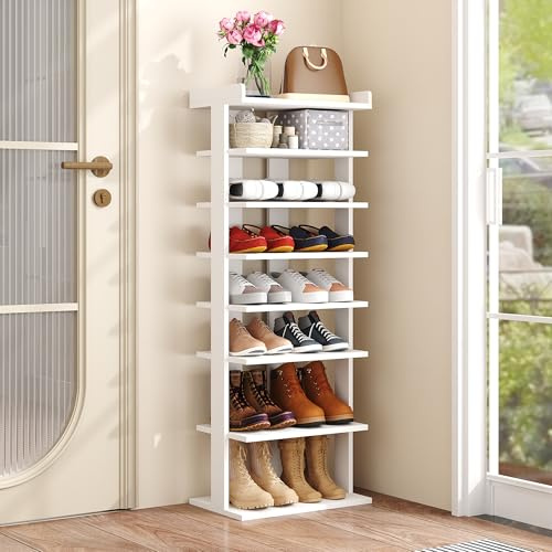 HOME BI Narrow Shoe Rack, Double Rows 8-Tier Wood Shoe Shelf, Vertical Shoe Storage Cabinet, Shoes Tower Organizer for Narrow Closet, Entryway, Hallway, Bedroom, White