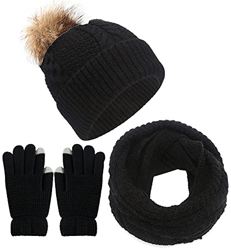 CheChury Vinter halsduk stickad mössa kombiset dam stickad set beanie handskar pekskärm dam tubhalsduk stickad fleece tofs mössa flicka grovstickad halsduk damer gåva vintertillbehör, svart, En storlek