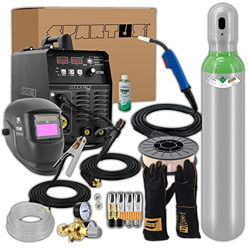 Spartus EasyMIG 200 - set di saldatura n°3 saldatrice semiautomatica MIG/MAG MMA FLUX TIG LIFT 230V 200A Spray antispruzzo Guanti pesanti Filo per saldatura SG2 5kg 0,8mm Casco Bombola Morsetti a vite