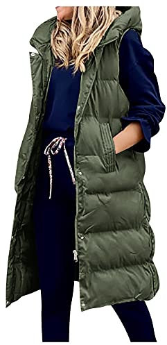 Graceyo Winterweste Daunenweste Steppweste mit Kapuzen Damen Winter, Warme Lange Ärmellose Mantel Weste Jacke, Übergroße Frezeitweste für Frauen Winddichte, Armeegrün, M