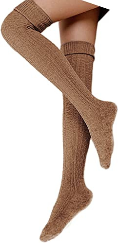 FGFD&OU Calze da Donna Sopra il Ginocchio Calzini Cotone Invernali Termici Lunghe Calzettoni a Maglia Calze di Coscia Retro per Ragazze e Donne (Kaki)
