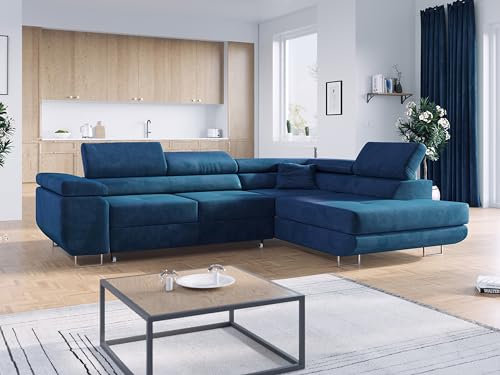 MKS MEBLE Ecksofa Wohnzimmer - Wohnlandschaft - Schlafsofa mit Bettkasten - Polstersofa mit Schlaffunktion - Velvet L Couch - Gustaw - Rechts - Dunkelblau (Monolith 77)
