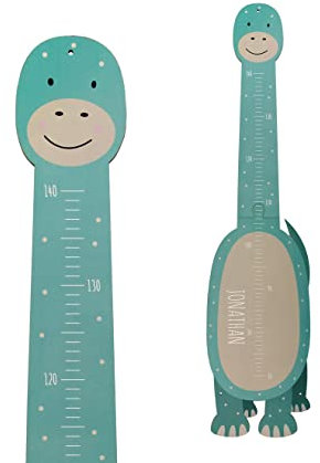 Personalisierte Kinder Messlatte 'Langhalsdino' aus Holz mit Wunschnamen, Messlatte Kind Motiv freundlicher Dinosaurier, ca. 24 x 100 cm