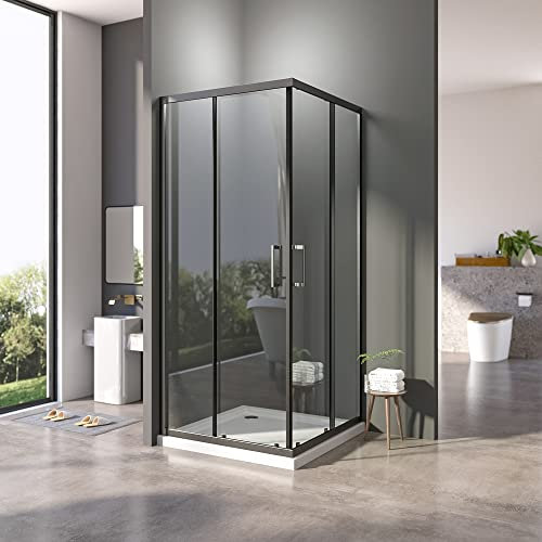 Duschkabine Eckeinstieg 80x80 cm Duschabtrennung Doppel Schiebetür Duschwand 6 mm starkes ESG Sicherheitsglas in Klarglas,Montage auf Duschwanne oder Fliese,Höhe 185cm,Schwarz,Langer Stiel
