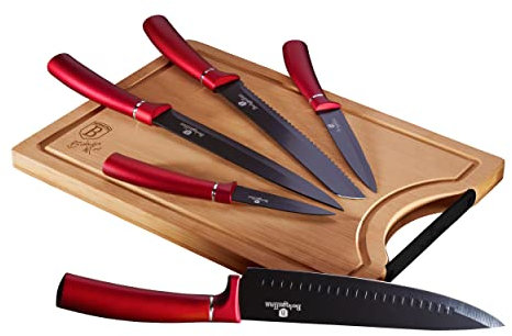 Berlinger Haus Burgundy Juego 5 Cuchillos Cocina Profesional Tabla Cortar Bambú, Hoja Acero Inoxidable Recubrimiento Antiadherente, Cocinero, Cebollero, Pan, Rebanador, Pelar, Diseño Metallic Line