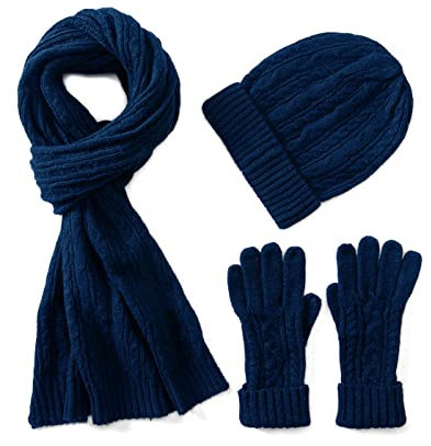 Villand 3 in 1 Damen Wolle Mütze, Schal & Handschuh Winter Sets, 3-teilige Zopfstrickmütze für Damen mit Geschenkbox (Marineblau)