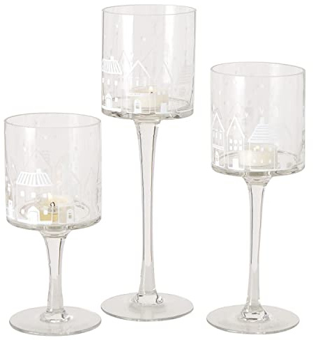 BOLTZE 3tlg Set Windlicht Nordy I klar mit Häusern & Herzen in Weiß I Höhe 20cm, 25cm & 30cm I Teelichthalter auf Fuß I Tisch-Deko, Herbst, Winter I Kerzenständer aus Glas, Kerzenhalter