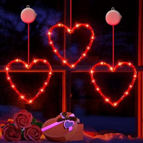 LYUBASA 3 Pack Valentines Day Window Lights Decorations with Timer, Battery Powered Hanging Red Lighted Heart Shaped Silhouette Sucker LED Lamp for Fireplace Indoor Home Decor