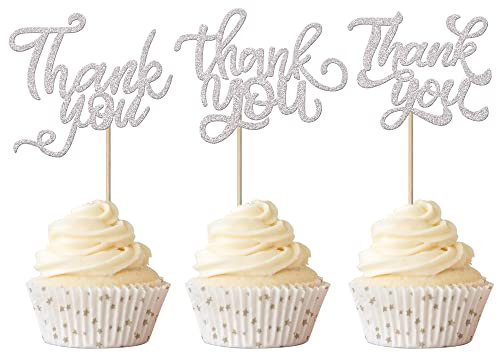 Rsstarxi 36 Pack Glitter Thank You Cupcake Toppers Thanksgiving Cupcake Picks Baby Shower Birthday Anniversary Cake Decoration for Teachers's Day Wedding Bridal Party Decoration Silver