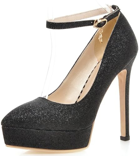 Décolleté a Spillo da Donna, Pompe al Tallone Alto Appuntito Fibbia Scarpe da Sera con Plateau con Cinturino alla Caviglia Paillettes Eleganti Gracqw Nero Numero 37 EU