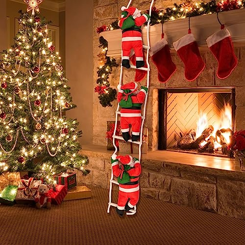 Bekecidi Weihnachtsleiter Weihnachtsmann Ornament für 3 Personen, kletternder Weihnachtsmann aus Vliesstoff mit Kletterseil für Heimdekoration Kamin Weihnachtsbaumdekoration Weihnachtsparty Zubehör