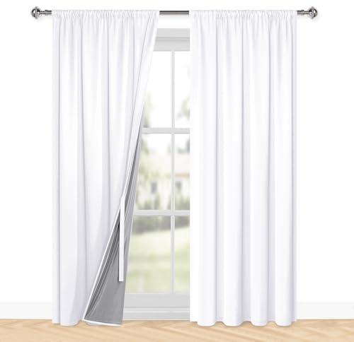 XWZO 100% Blickdichte Vorhänge Wohnzimmer, Vorhänge mit Kräuselband, Gardinen Schlafzimmer, Doppellagige Dicke Verdunklungsvorhänge Thermovorhang Kälteschutz, 200x140 cm(HxB) Weiß 2er Set