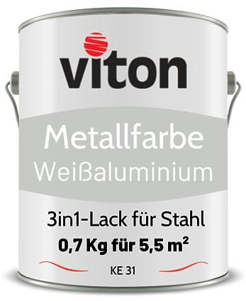 Viton Metallfarbe in Silber - 0,7 Kg Metall-Schutzlack Seidenmatt - Dauerhafter Schutz & hohe Beständigkeit - 3in1 Grundierung & Deckfarbe - Metalllack direkt auf Rost - KE31 - RAL 9006 Weißaluminium