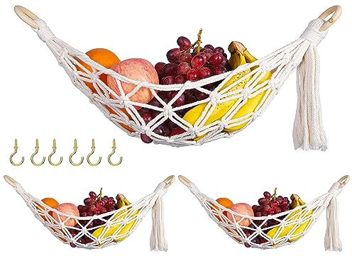JTBDWOSK Obst Hängematte, 3 Stück Makramee Hängende Obsthängematte, Obstkorb Hängend Frucht Gemüse Hängematte mit Haken, Gemüse Obst Halter Netz Aufbewahrungskörbe Deko für Küche,Weiß
